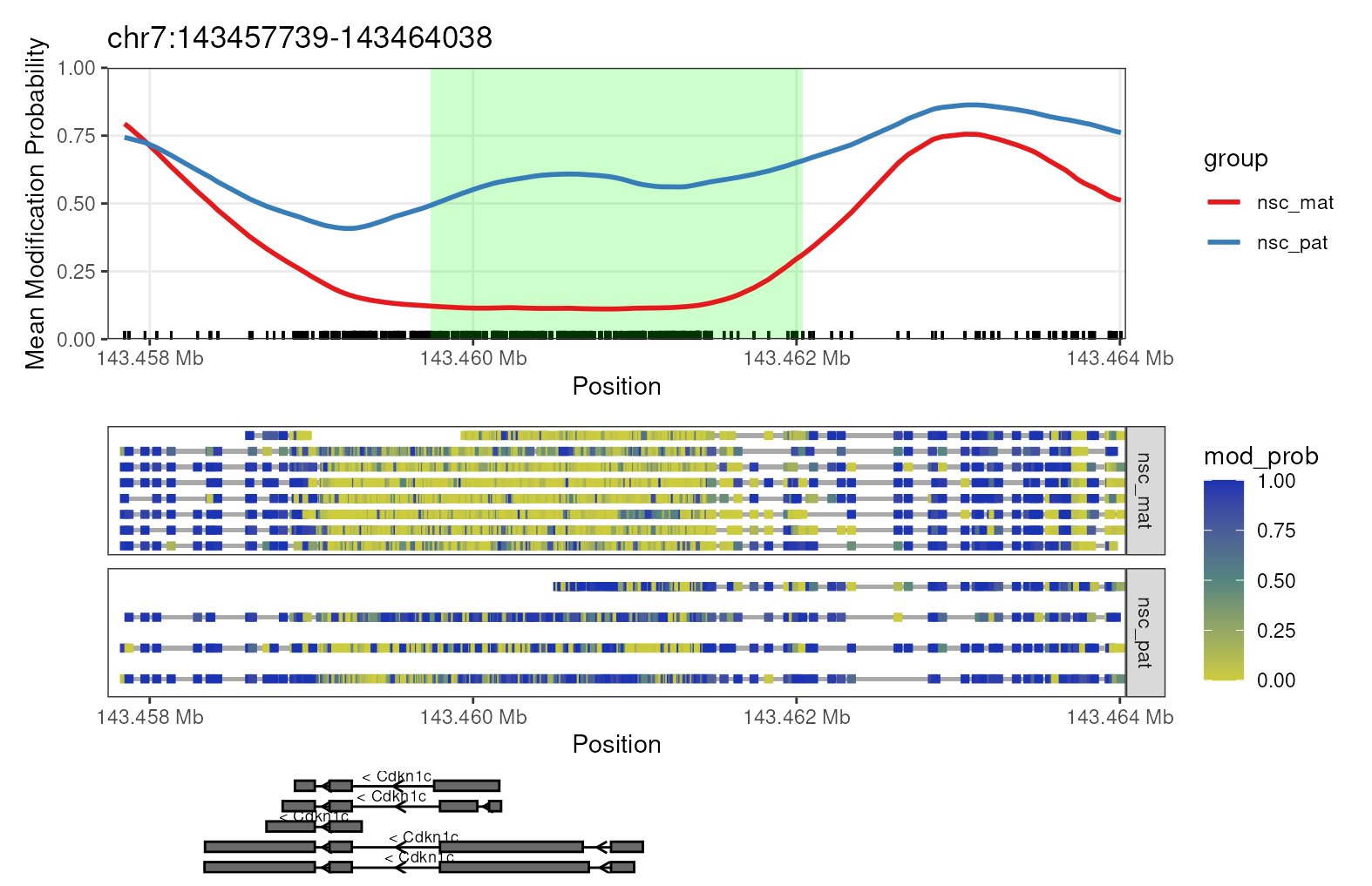 **Expanded region around *Cdkn1c***. This plot shows a more expanded region around the gene *Cdkn1c* to show the full DMR.